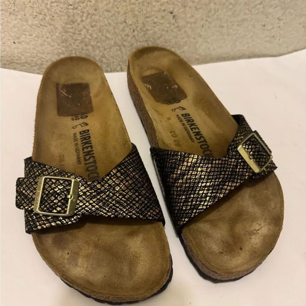 BIRKENSTOCK Madrid Unisex Shiny Python Black Gold Buckles Sandals-40-L9 M7